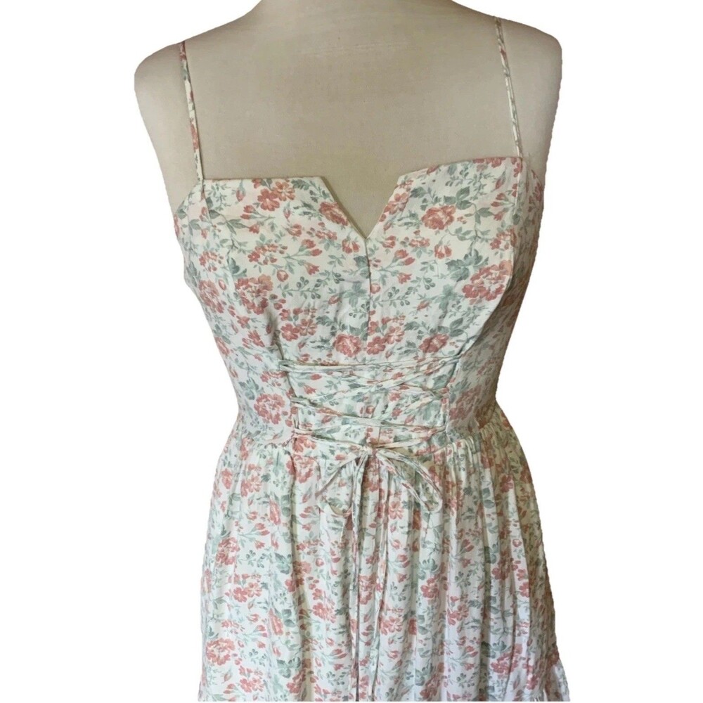 Floral Maxi Laceup Corset Dress Cottagecore Milkmaid Audrey Parks Small Pink - Picture 4 of 14